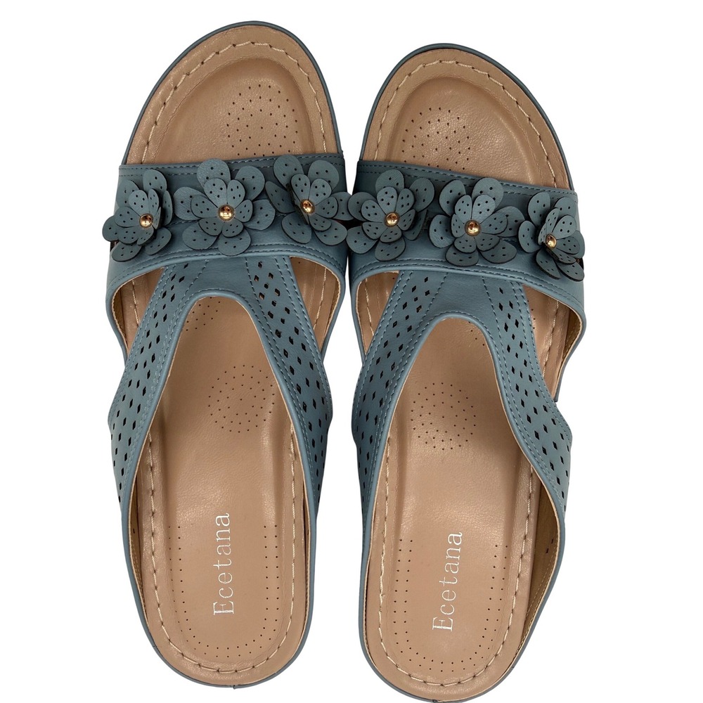 Ecetana Womens Floral Wedge Sandals Blue Laser Cut Slide Shoes Size 42